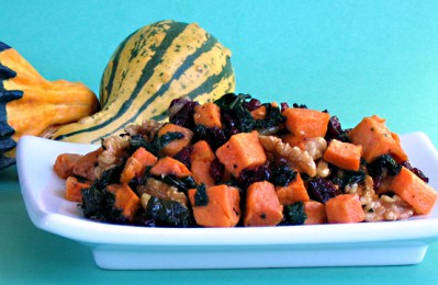 Roasted Sweet Potatoes and Kale with Pecans and Cranberries